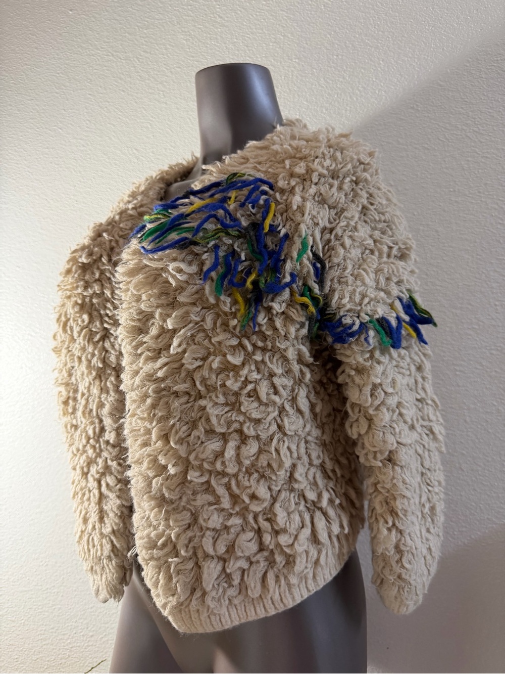 Saralam size L Beige Loop-Texture Faux Shearling Jacket with Colorful Fringe